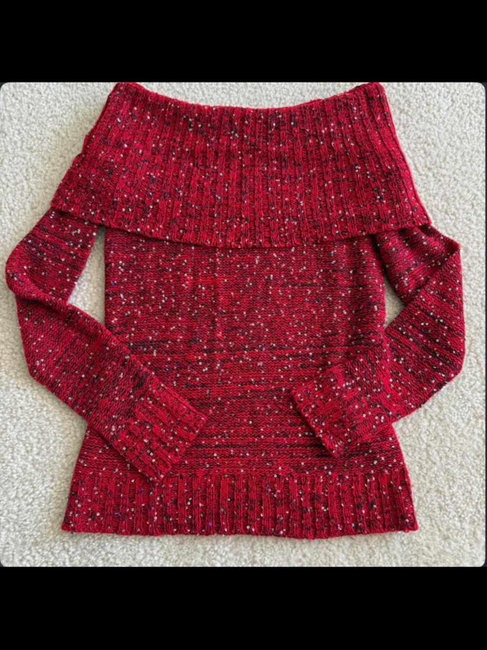 no boundaries off-shoulder red sequined knit sweater